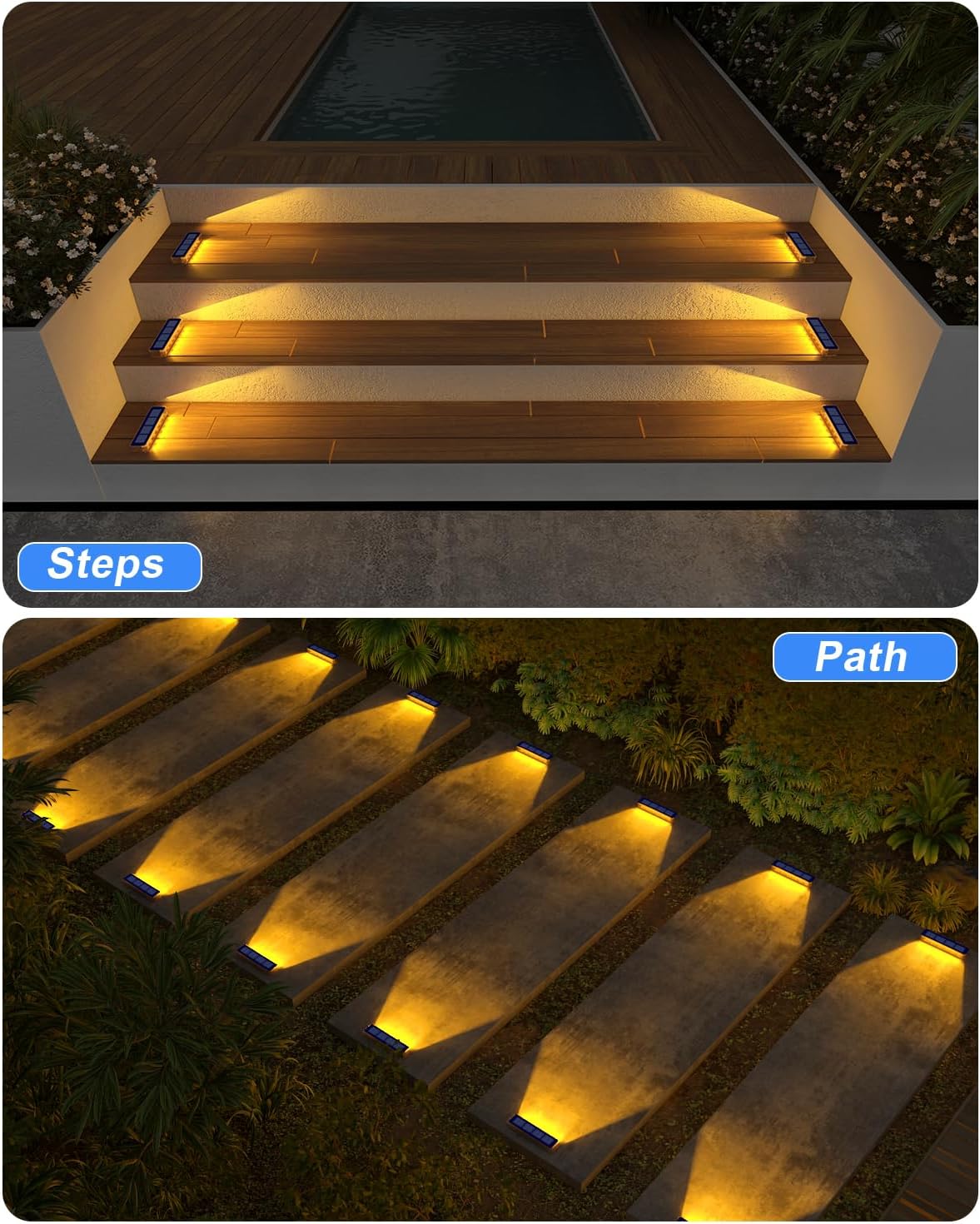 This solar‑powered LED light charges via sunlight during the day and auto‑turns on at dusk. IP68 waterproof for rain and snow, no wiring needed.