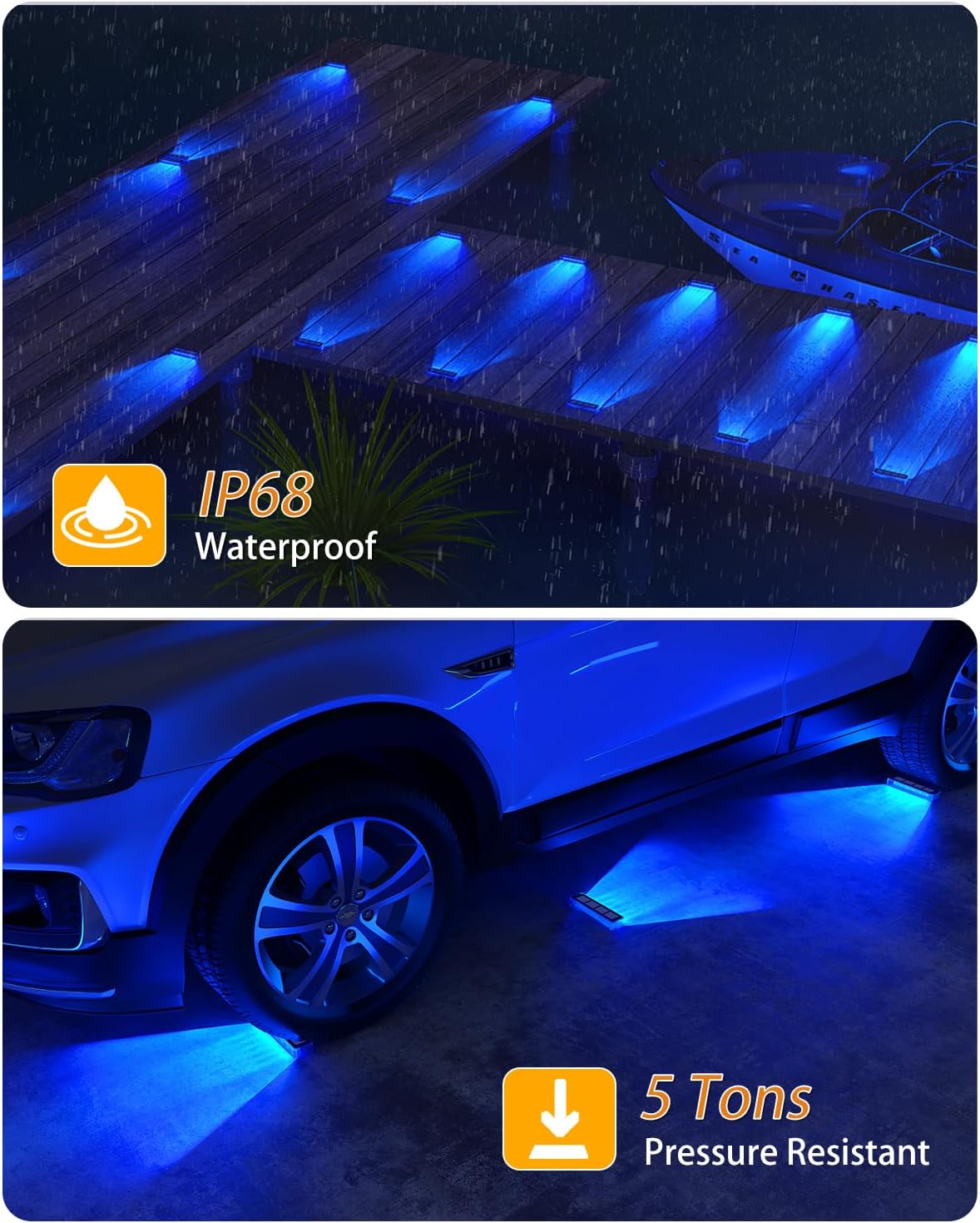 This solar‑powered LED light charges via sunlight during the day and auto‑turns on at dusk. IP68 waterproof for rain and snow, no wiring needed.