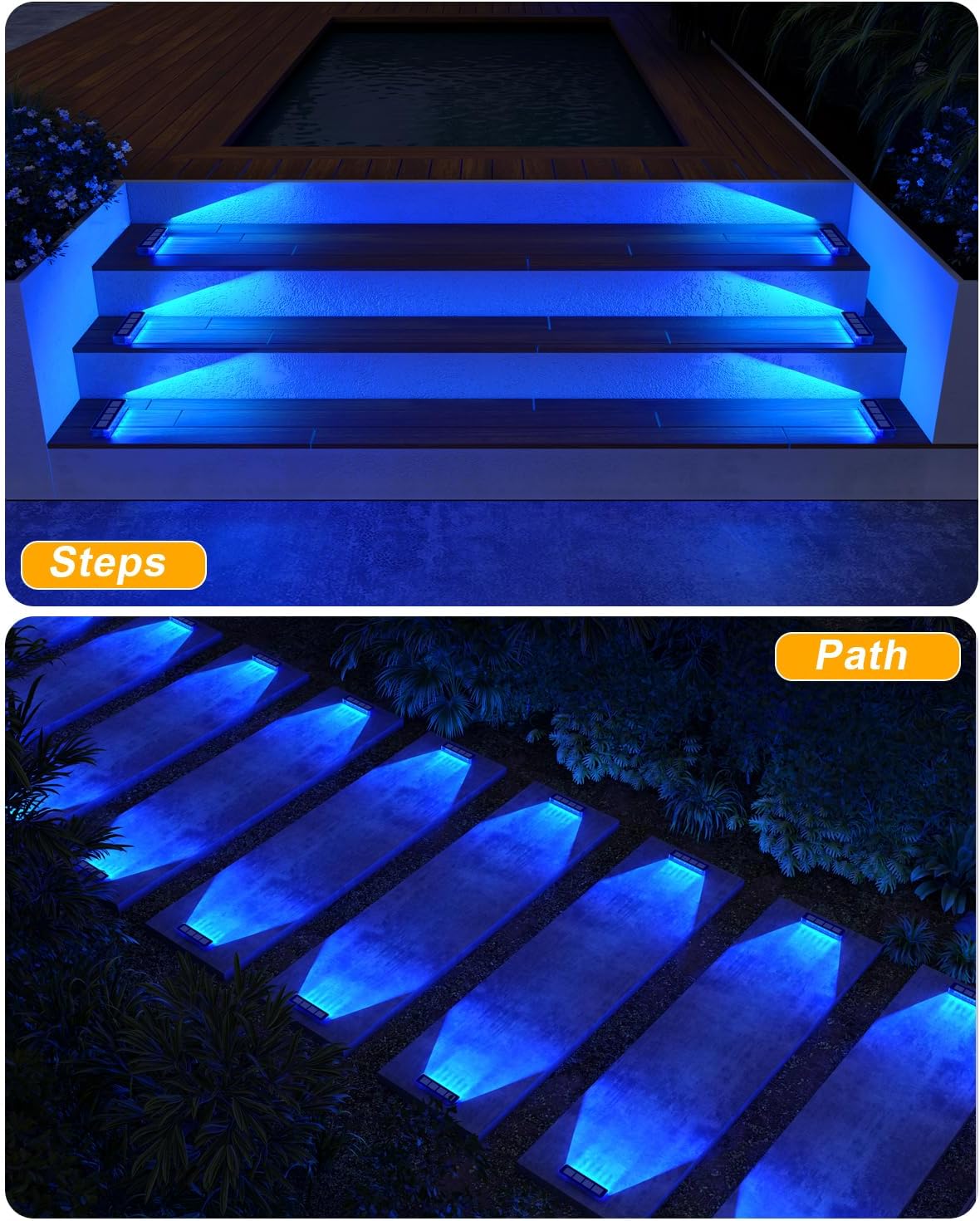 This solar‑powered LED light charges via sunlight during the day and auto‑turns on at dusk. IP68 waterproof for rain and snow, no wiring needed.